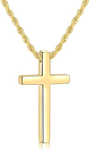 14K Gold Plated Cross Necklace for Men, Medium Rope Chain 20 Inch