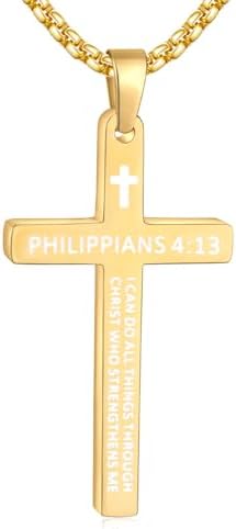 14K Gold Plated Cross Necklace for Men, PHILIPPIANS 4:13