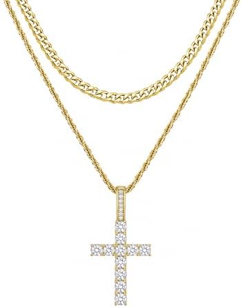 14K Gold Plated Layered Cross Necklace for Men, 18/20"