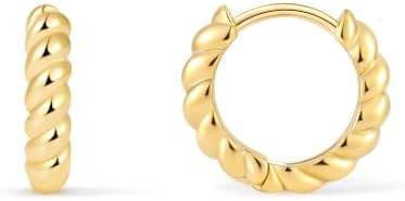 14K Gold Plated Twisted Huggie Hoop Earrings for Women, 8MM
