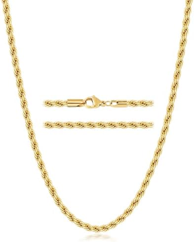 3.2mm 14K Gold Plated Rope Chain for Men and Women, 22 Inch