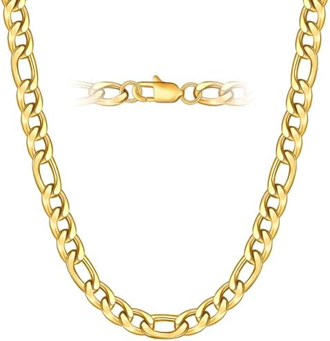8mm 14K Gold Plated Figaro Chain Necklace for Men, 18 Inch