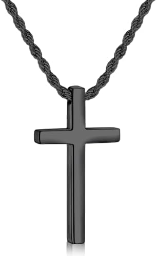 Black Cross Necklace Chain for Men, Cross Pendant Rope Chain 22 Inch