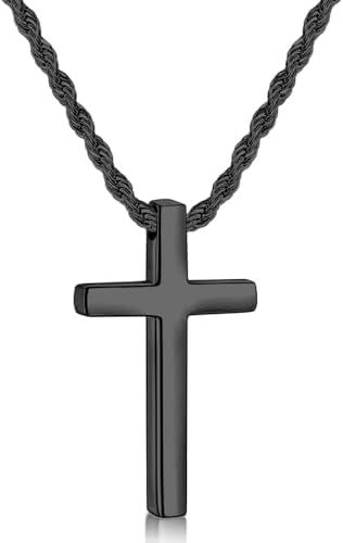 Black Cross Necklace Chain for Men, Small Pendant Rope Chain 20 Inch