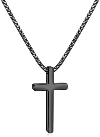 Black Cross Necklace for Men, Small Stainless Steel Pendant 18 Inch