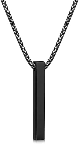 Black Pendant Necklace for Men, Rectangular Pierced Necklace 24Inch