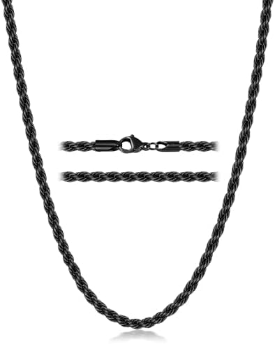 Black Rope Chain Necklace for Men 3mm Stainless Steel Chain 20 Inch