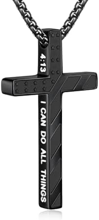 Cross Necklace for Men, 20" Black Engraved Cross Pendant