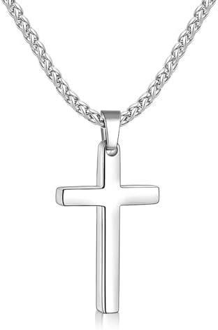 Cross Necklace for Men with Small Pendant, Silver Tone 22 Inches