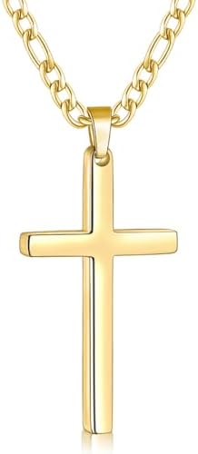 Golden Cross Necklace for Men with Big Pendant, 24 Inches