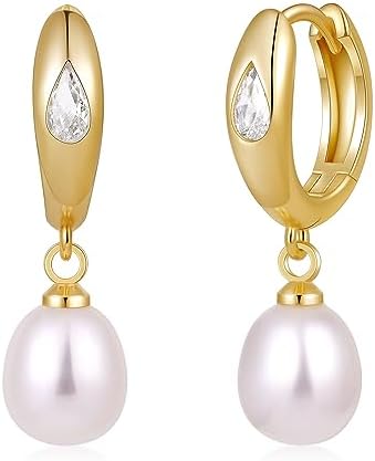 Golden Pearl Drop Earrings for Women, 14mm