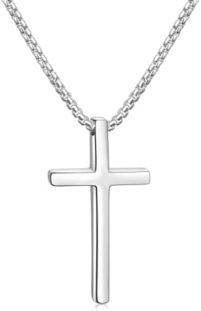 Silver Cross Necklace Chain for Men, Medium Cross Pendant 26 Inch