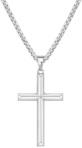Silver Tone Beveled Edge Cross Necklace for Men, 22 Inches