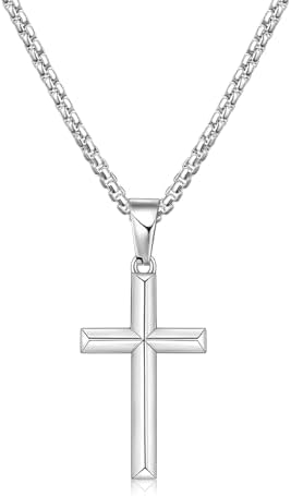Silver Tone Beveled Edge Small Cross Necklace for Men, 18 Inches