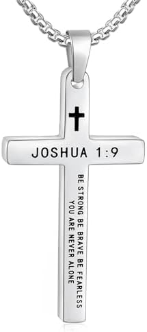 Silver Tone Cross Necklace for Men, JOSHUA 1:9