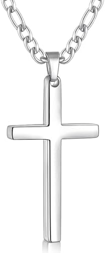 Silver Tone Cross Necklace for Men with Big Pendant, 24 Inches