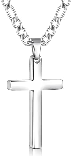 Silver Tone Cross Necklace for Men with Small Pendant, 18 Inches