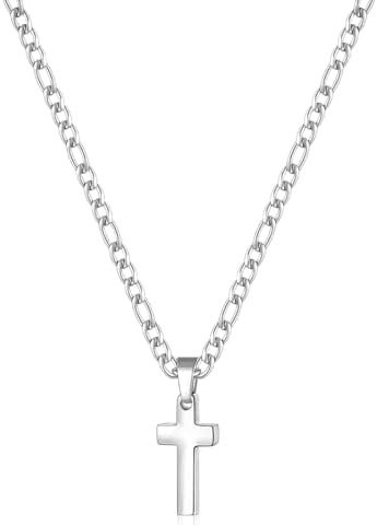 Silver Tone Cross Necklace for Men with Tiny Pendant, 20 Inches