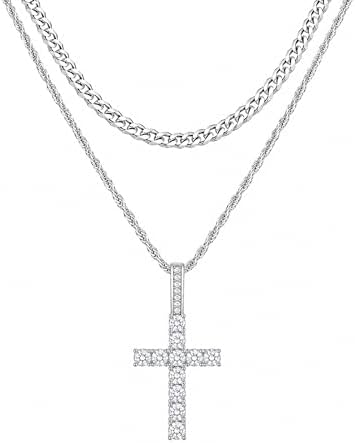 Siver Tone Layered Cross Necklace for Men, 18/20"